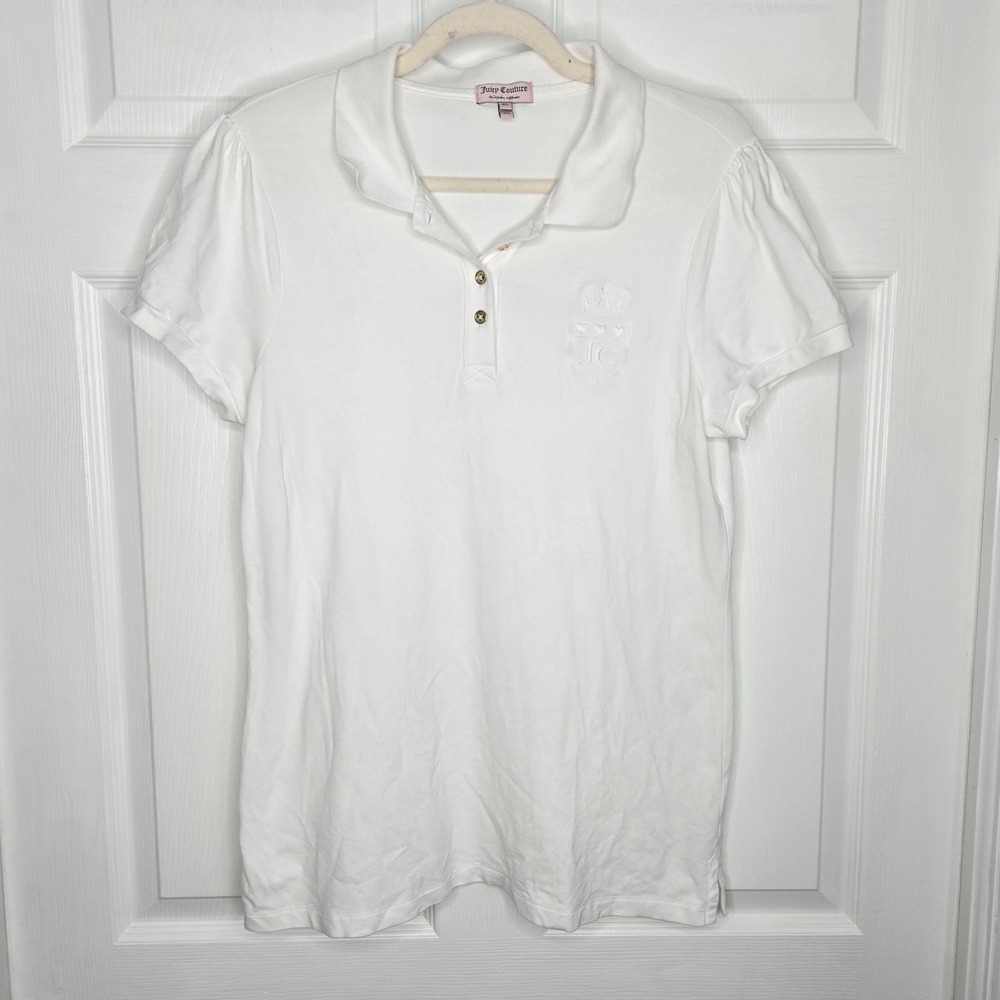 Juicy Couture White Embroidered Emblem Puff Shoulder Polo Shirt Sz XL